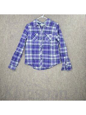Arizona Jeans Women Button-Down Plaid Shirt Purple Green M Cotton Long Sleeve